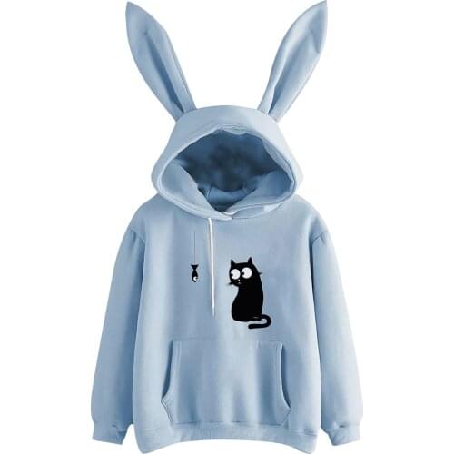 Ladies 2021 New Cat Print Pullover Leisure Drawstring Rabbit Cap Long Sleeve Hoodies For Woman Loose Sweatshirt Top Ropa Mujer
