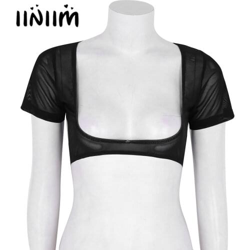 Iiniim Womens Mesh See Through Sheer Open Bust Leotard Costume Adult Female Belly Dance Crop Top for Sexy Night Clubwear