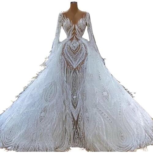 5301 white V-neck full-sleeves natural A-line floor-length lace long evening dress/formal gowns beads&feather free shipping