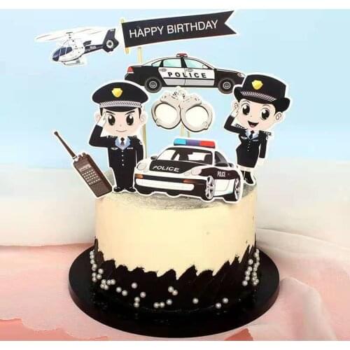 6Pcs Police Dream Birthday Cake Topper Police Car Happy Birthday Cupcake Toppers flags for Baby Birthday Party Cake Decorations