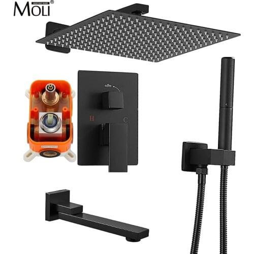 Wall Mount Shower Set Brass Black Shower System Bathroom Faucet Mixer Tap Ceiling Diverter Handheld Spray With 10-12" Rian Head