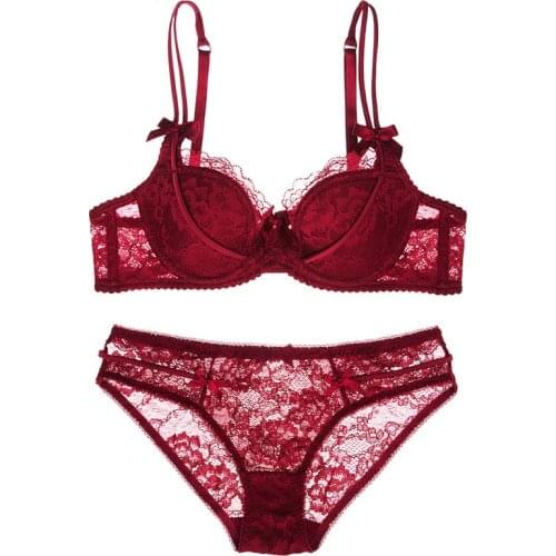 French lace thin cup sexy women bra set fashion bras and transparent panties push-up bowknot lingerie embroidery intimates