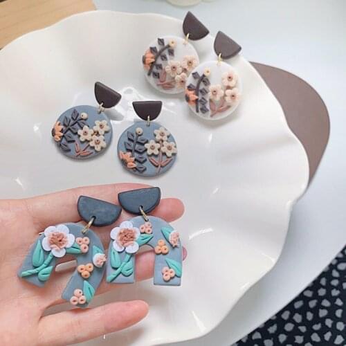 Korean Retro Geometric Color Earrings Girlish Style Soft Pottery Flower Earrings Personalized Design Literary Jewelry Good Gift