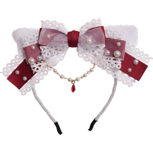 Cute Lolita Cat Ears Headband Girls Women Sweet Beading Chain Bow-knot Lace Headdress Hair Band