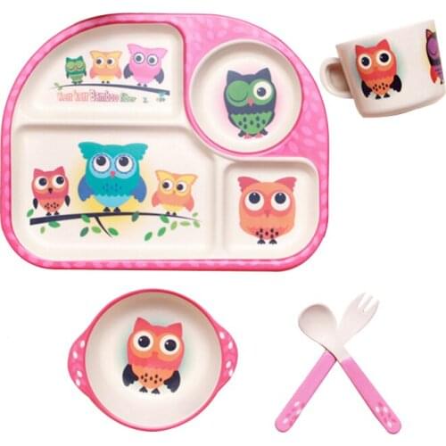 Cartoon Bamboo Fiber Baby Feeding Plate Children Tableware Tray Dish Bowl Fork Spoon Cup Food Training Dinnerware Set M0320
