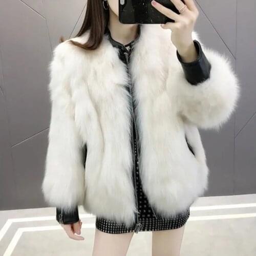 Novel Winter Fur Coat Womens Faux Fox Fur PU Leather Thick Plush Coat Elegant Thick Warm Outerwear Fake Fur Jacket Chaquet