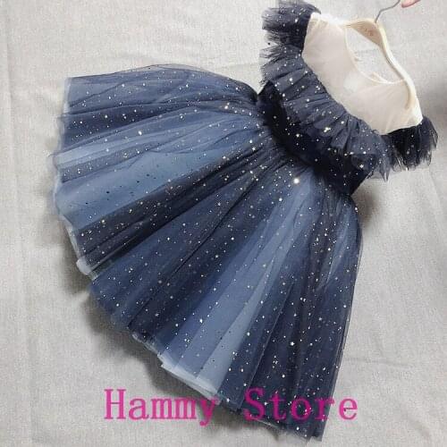 Deep blue Sleeveless Baby Girls Party Christening Dresses 1 Year Birthday Outfits