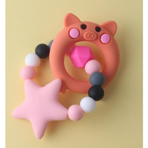 Baby Teether Teething Product Cartoon Pig Teething Ring Bracelet Silicone Teether Holder Necklace Pendant BAP Free Newborn Items