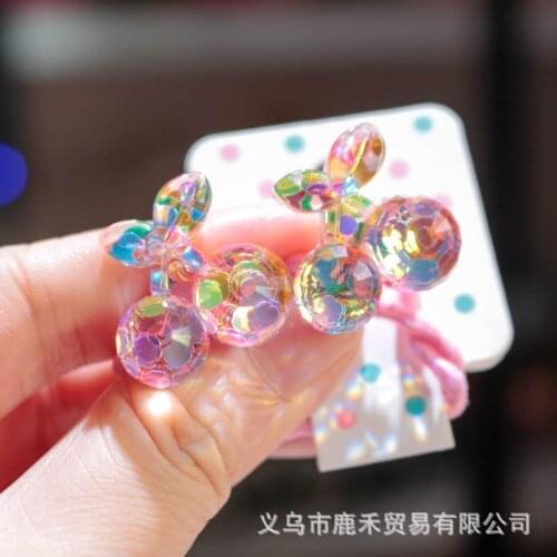 2pc Colorful Laser Flower Elastic Rubber Scrunchie Cute Kid Hairband Shiny Cherry Hair Rope Sparkle Multi Facet Girl Accessories