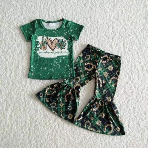RTS St Patrick Day baby girls boutique outfits spring short sleeve bleached tee shirt top bell bottom pants quatrefoil clothing