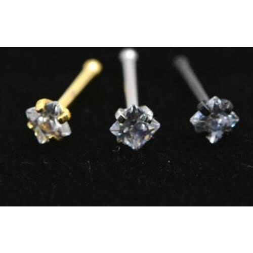 2Piece 20Gx6x2mm Gold Square Zircon Nose Ring Stud Rings Silver Piercing Tragus Ear Piercing Earring Nose Nail Body Jewelry