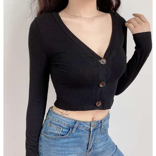 Spring Autumn Fashion Casual Women Tops V Neck Long Sleeve Bodycon T Shirts Solid Knitted Sexy Button Top Femme