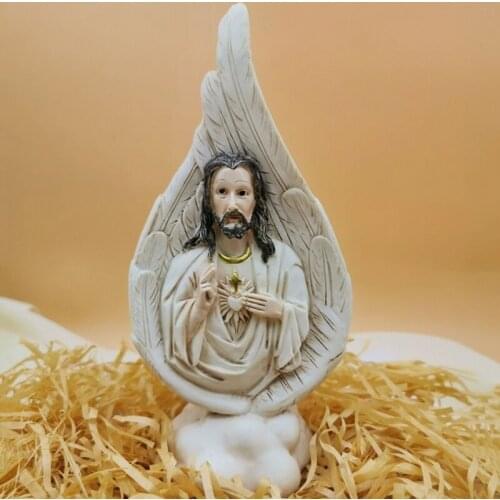 Q9QA Jesus Statue Virgin Mary and Child Nativity Baptism w/ Angel Wing Resin Ornament