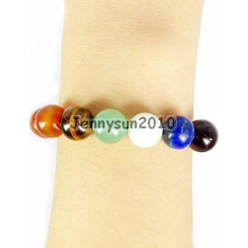 Stlye 1 # 12mm Natural Reiki Chakra Gems Stones Round Beads Handmade Adjustable Bracelet Healing 5Strands / Pack