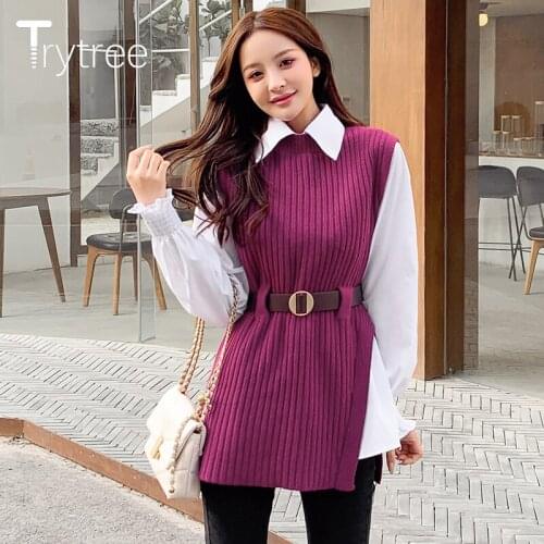 Trytree 2021 Spring Autumn Two piece Women set Casual Belt Knitted Vest + Single Breasted White Shirt Office Lady 2 Piece Suit