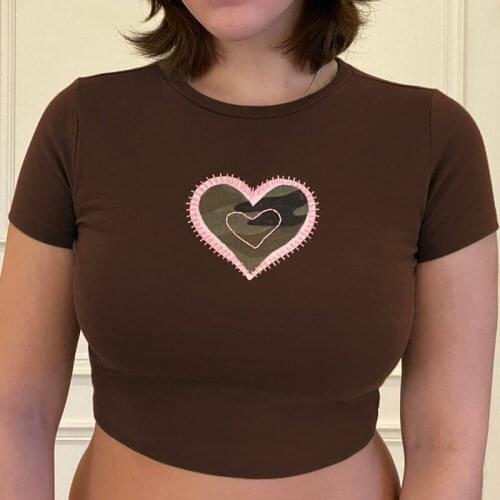 90s Heart Printed Crop Tops Y2K Aesthetics Graphic O-neck Short Sleeve Slim Fit Brown T-shirts E-girl Vintage Women Streetwear