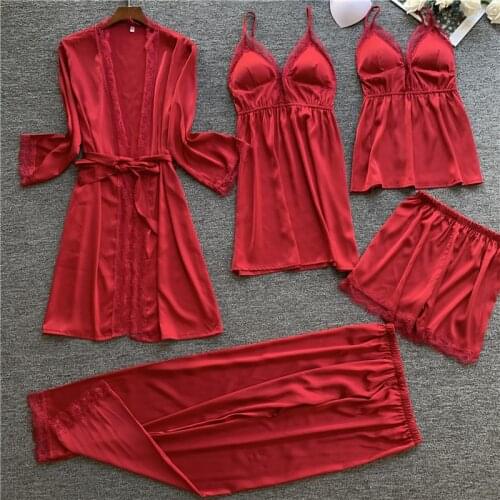 2020 Women 5 Pieces Warm Spring Pajamas Sets Female Sexy Lace Robe Pajamas Sleepwear Kit Sleeveless Autumn Nightwear Homewear