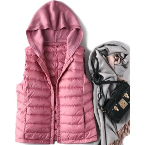 2021 Women Ultra Light Down Vest Casual Short Gielt with New Knitted Hood Thin Lnner Bottoming Garment Spring Autumn Clothes