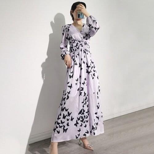 Fashion Lantern Sleeves Women White Long Dresses V-Neck Good Quality Elegant Butterfly Print Lady Dress Vestido Clothing