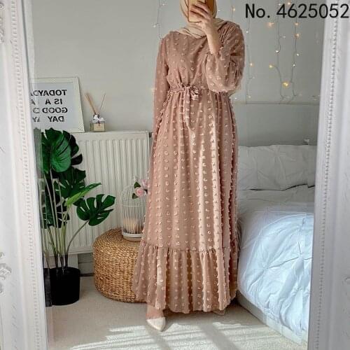 Solid 3D Pompon Maxi Long Dress for Women Fall 2021 O Neck Full Sleeve Muslim Duabi Turkey Qtar Oman Arabic Clothes