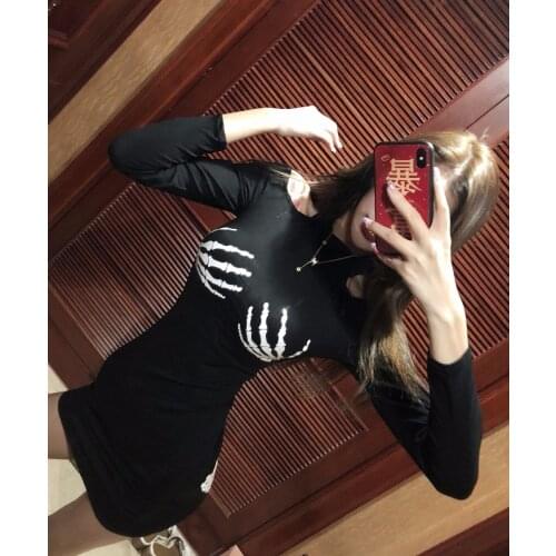 Ruibbit New arrival Gothic Punk Sexy Off Shoulder Skeleton Printing O-Neck Long Sleeve Women Mini Dress Black Dresses