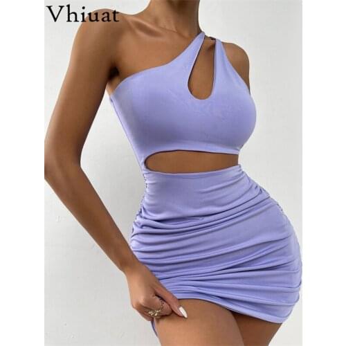 Vhiuat 2021 Summer Autumn Elegant Party One Shoulder Hollow Out Diagonal Collar White Black Mini Dress Sexy Backless Wrap Dress