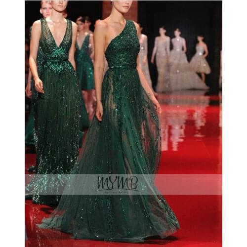 Exclusive Luxury One Shoulder Evening Dress Design Emerald Green Tulle Crystal Hand Beaded Women Wedding Party Gowns Flowy Aline