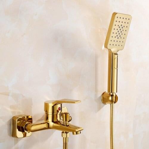 100% Brass Gold Plated Bathtub Faucets With Hand Shower Wall Mounted Bathroom Bath Shower Faucets Hot and Cold Mixer Taps