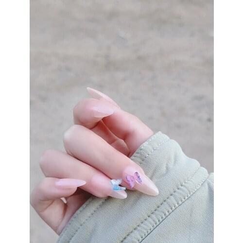 24pcs Pink Transparent Long Pointed False Nails 3D Butterfly DIY Design Nail Tip Decoration Glue Wearing Fake Nails Manicure