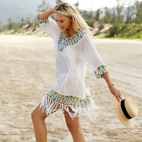 White Bikini Cover Up With Fringe Trim Women Sexy Hollow Tunic Robe Crochet Beach Dress Classcial Summer Bathing Suit Beachwear