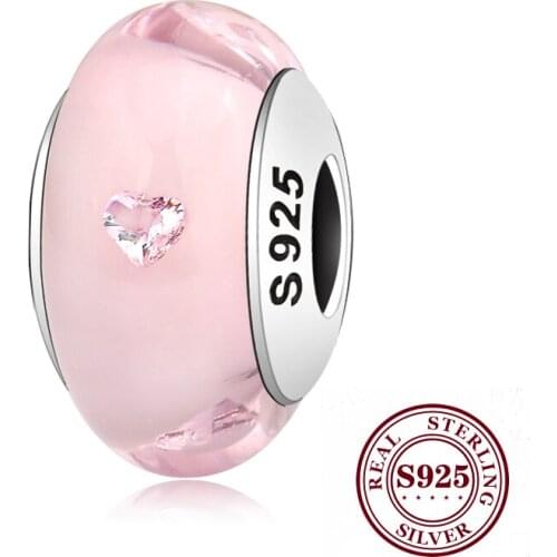 100% Authentic 925 Sterling Silver Pink Heart Murano Glass Beads Fit Original Charms Bracelet Jewelry