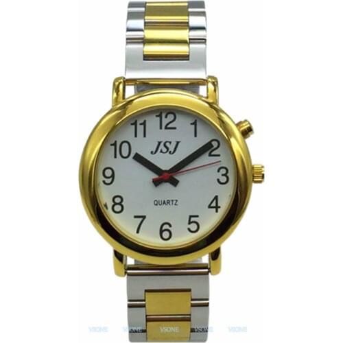 French Talking Watch with Alarm Function, Talking Date and time, White Dial, Folding Clasp, Golden Case TAF-505