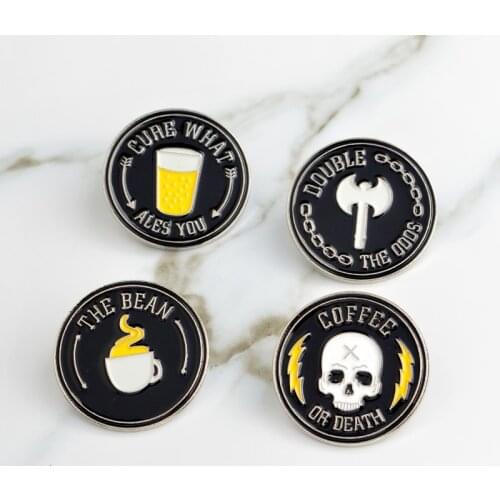 Black Round Coffee Beer Hammer Skeleton Pin Punk Pins Brooch Badge Backpack Bag Jackets Accessories Men Women Brooch