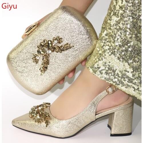 Doershow nice looking gold Italian Shoes With Matching Bag High Quality Italy Shoe And Bag set For wedding!SKK1-5