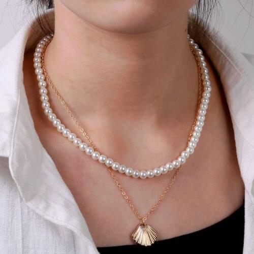 EN Multilayer Shell Trendy Necklace for Women Gold Color Long Pearl Chain Seashell Ocean Beach Boho Pendant Necklaces Jewelry
