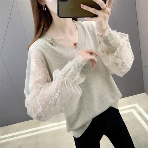 2021 Time-limited Room 197652 2 Row No.2 Middle] Real Shot V-neck Spring Clothing Stitching Mesh Lace Sleeve T-shirt 48