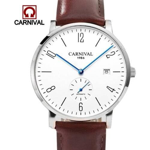 Carnival Automatic Watch Men Stainless Steel Business Wrist Watch Calkskin Leather Fashion Casual Dive 30M Auto Date Clock Male