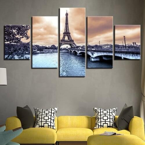 Home Decor Painting Canvas Print 5 Piece Paris Tower Scenery Poster Modern Wall Art Modular Picture for Bedroom Background Frame
