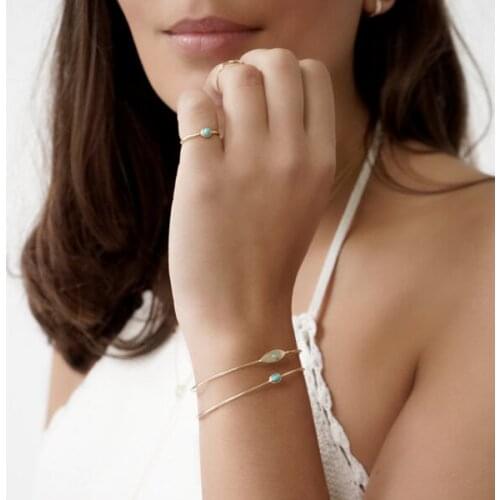 Gold color delicate simple fashion classic design single stone turquoises ring cuff bangle jewelry set