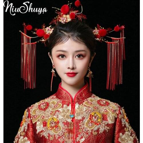NiuShuya NEWest Chinese Bride Xiuhe Red Pompom Headdress Wedding Costume Phoenix Crown Stage Show Long Tassel Hair Jewelry