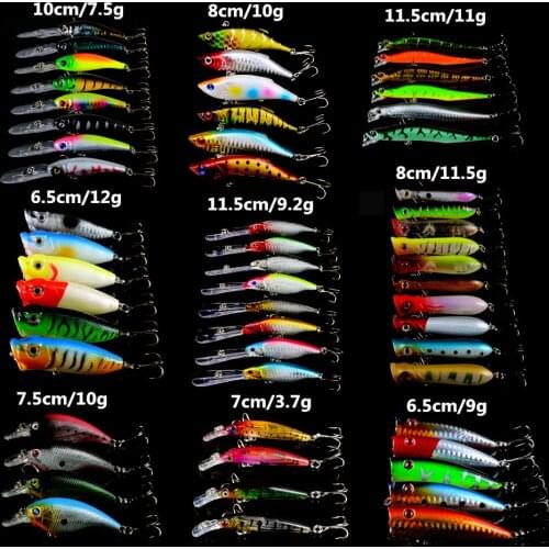 New 57pcs/lot Fishing Lures Mixed 9 Different Style Models Fishing Tackle High Quality Minnow/Crank/VIB/Popper Fishing Bait MIX