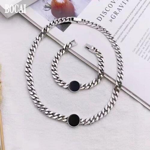 BOCAI New Real s925 Silver Jewelry Black Agate Medallion Tank Chain 2021 Trendy Fashion Personality Woman Bracelet/Necklace