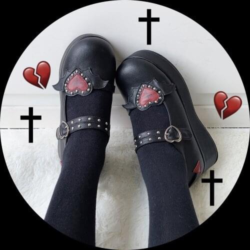 OLOMLB Womens Lolita Ankle Belt Buckle Round Toe Gothic Heart Cross Decor Punk Pumps Shoes Creepers Japanese Harajuku Cosplay