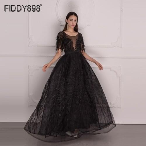 Feathers Short Sleeves Evening Dresses Long Black Prom Dress 2020 Dubai Luxury Crystal Beaded Formal Gowns For Women ASA-0184