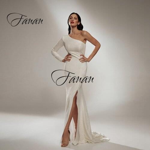 Simple One Shoulder Mermaid Wedding Dresses Front High Split Long Sleeve Floor Length Prom Party Gown Свадебное платье