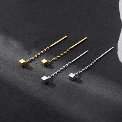 Minimalism S925 Silvery Ear Line Small Square Drop Earrings Punk Fashion Jewelry For Women Daily Accessories Birthday Gift
