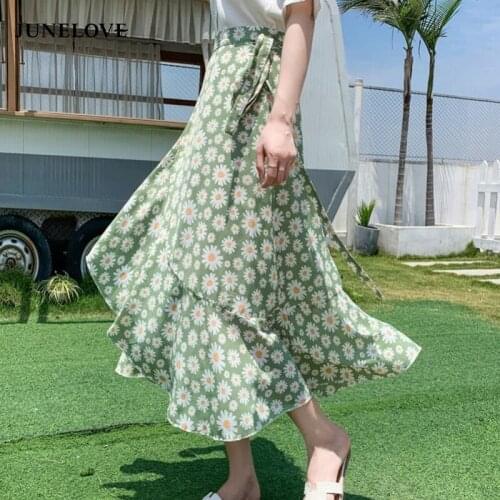 Women Summer Elegant Floral Print Korean Skirt Streetwear Ruffles Patchwork Holiday Long Maxi Skirts Behemian Irregular