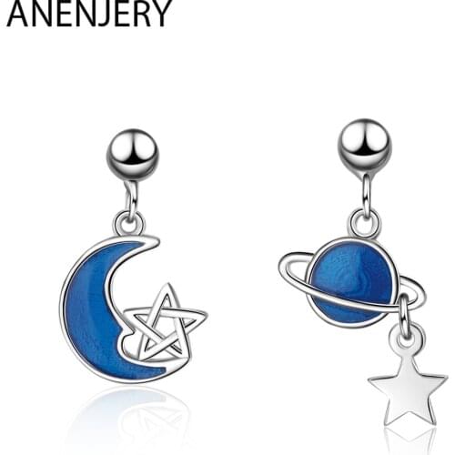 ANENJERY 925 Sterling Silver Earrings Blue Universe Planet Moon Star Stud Earrings For Women Gift S-E899