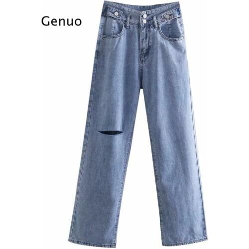 Women Chic Fashion Hollow Out Ripped Straight Denim Jeans Vintage High Waist Zipper Fly Female Trousers