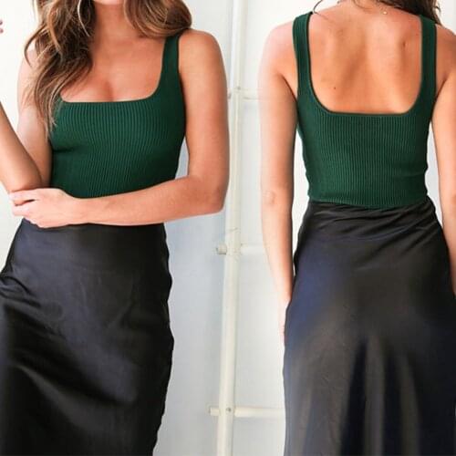 Female Sling Crop Top Sexy Square Collar Tank Stretch Party Vest Sleeveless Summer U Neck Slim Polyester European American Green